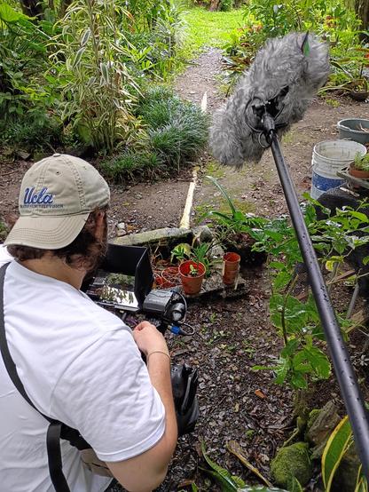A camera person kneeling on the ground to get a shot of a storm drain with a bunch of plants around it. My boom mic, in a furry blimp is also recording the sound of said storm drain for far longer than necessary (which is zero).