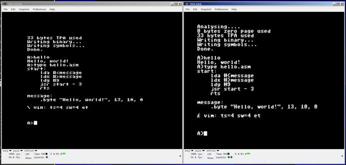 Screenshot of CP/M-65 running on Vic20 and C64 emulators