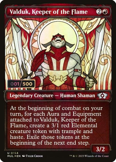 Card Name: Valduk, Keeper of the Flame
Set: Multiverse Legends
Description: At the beginning of combat on your turn, for each Aura and Equipment attached to Valduk, create a 3/1 red Elemental creature token with trample and haste. Exile those tokens at the beginning of the next end step.
Artist: Tyler Crook