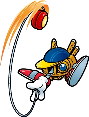 A imagem mostra Gim em uma artwork de Kirby Super Star Ultra. Gim é um robô com uma lente no lugar dos olhos, boné azul com aba amarela, sapatos vermelhos e pontudos com uma faixa branca, e um braço saindo do meio do corpo. O braço tem uma luva branca e segura um ioiô.