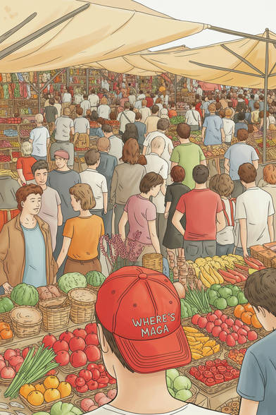 An AI-generated image depicting a vibrant, bustling rural marketplace filled with hundreds of people browsing stalls laden with colorful produce and artisanal crafts. A lone individual wearing a bright red baseball cap with the embroidered text "WHERE'S MAGA" stands slightly off-center amidst the crowd, subtly blending into the scene. Most of the other shoppers are dressed in muted earth tones and appear engaged in friendly conversations, creating a dynamic yet welcoming atmosphere. Soft sunlight streams through the canvas awnings overhead, casting warm shadows across the marketplace and illuminating the diverse array of goods on display.