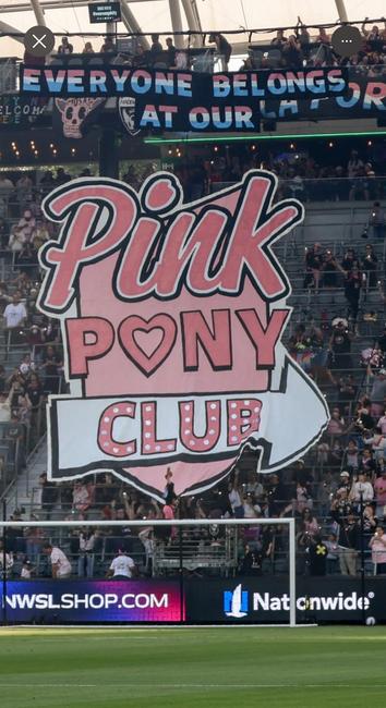 View of the end zone of BMO Stadium for the Angel City FC game on Saturday. There’s a sign in the upper deck in Trans rights colors that says “everyone belongs at our” and below that a giant sign that says pink pony club