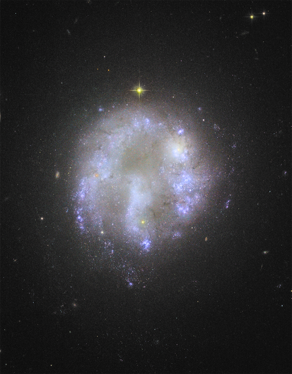 A galaxy with a line-like nucleus and a horseshoe-shaped arc above it. The horseshoe points down, and the nucleus is in the center of the arc. It looks like an upside down power symbol, ⏻.  The nucleus and horseshoe are dotted with bright blue star clusters and dark dust lanes.