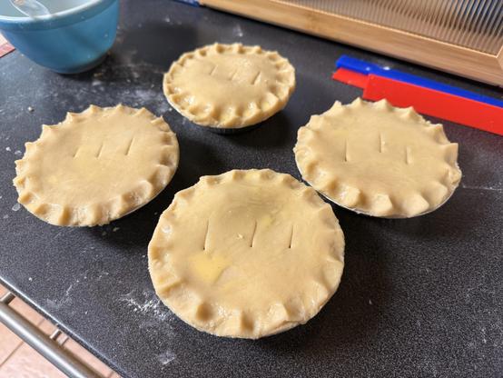 Four mini pies uncooked on a counter