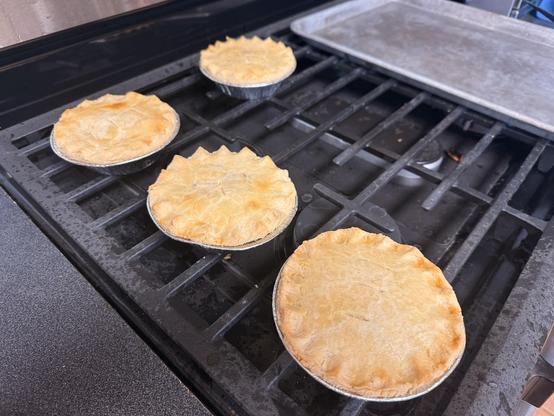 Four hot pies, cooling. 