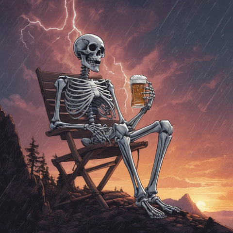 Model: Juggernaut XL
(1980s illustration, comic book, vector, 4k, hyper-detail), a summer night, raining, a skeleton sitting on a folding chair, enjoying a thunderstorm from a mountain top, enjoying a beer