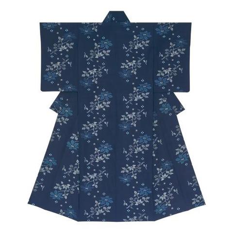 A blue kimono with white clematis flowers pattern.