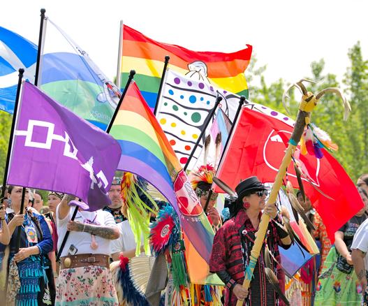 A wide-angle scene of a flag procession at a powwow. In the foreground, a man in a red patterned shirt, black hat, and sunglasses holds a tall wooden staff topped with antler tines and colorful feathers. Behind him stand several flag bearers holding a cluster of tall poles: rainbow pride flags, a white banner dotted in Two-Spirit colors, a purple tribal banner, and other flags blowing gently. Behind the flags is a line of dancers in colorful regalia and a background of green trees and seated onlookers.