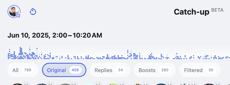 Screenshot of Phanpy Catch-up page showing activity from June 10, 2025, 2:00–10:20 AM, with filter categories for All, Original, Replies, Boosts, and Filtered.