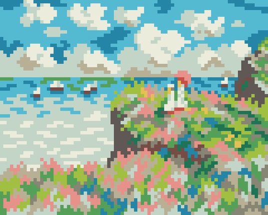 A pixel art scene of colorful, grassy cliffs overlooking an ocean with some boats in the horizon. Many clarge clouds form on the horizon.