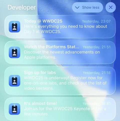 A screenshot of the notification center in iOS 26, showing some notifications with white font color on a glassy, bright background making it hard to read.