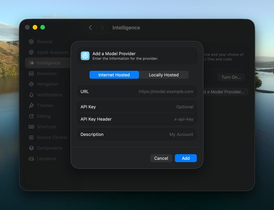 Screenshot of Xcode 26’s settings showing that any model provider can be added using a URL and API key.