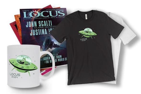 2 t-shirts and a mug bearing the Locus 'bookworm alien' in his UFO, and a stack of Locus magazines behind them
