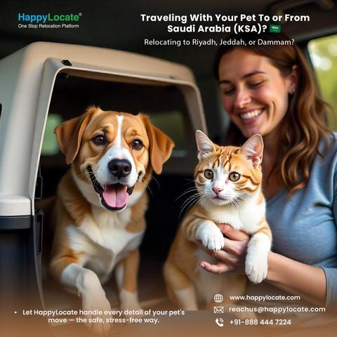 Trusted pet relocation from India to KSA (Saudi Arabia) and within KSA. Safe, reliable, and stress-free pet moves with HappyLocate experts.