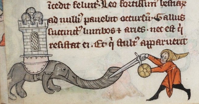 Medieval marginalia depicting an elephant with a trunk nearly the size of its entire body and a tower bearing three soldiers on its back facing off with a man who carries a shield and a giant sword.