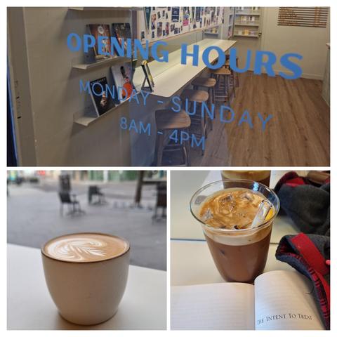 Collage with three photos; top one shot through a window, focused on the print on the window advertising opening hours Monday to Sunday, 8AM to 4pm, with blurred interior of the coffee shop behind it (light wood and white walls, bar stools); bottom left a handleless mug with flowery latte art on top of it, sat on a windowsill or bar in front of a window, street scene outside blurred. Bottom right, Glass with a brownish fluid and a glass straw. Ice cubes floating on top. The glass stands in front of a mirror on a counter or table top, next to a book* opened on a page with the heading "The intent to treat". Other stationary is visible and som grey, red, black tartan cloth.

*David Salsburg, The lady tasting tea
