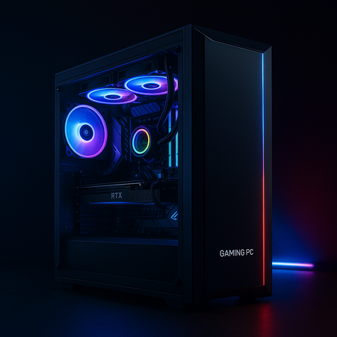 Gaming PC élégant avec éclairage RGB sur fond sombre

