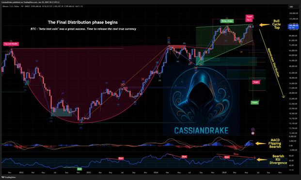 The image is a detailed Bitcoin price analysis chart, published on TradingView by CassianDrake. It includes technical indicators like MACD and RSI, showing bearish signals, and highlights key phases such as "Cup and Handle," "Rising Wedge," and "Bull Cycle Top." The chart suggests Bitcoin is entering its Final Distribution Phase, reinforcing the message that BTC was just a test and the true currency is about to be released.