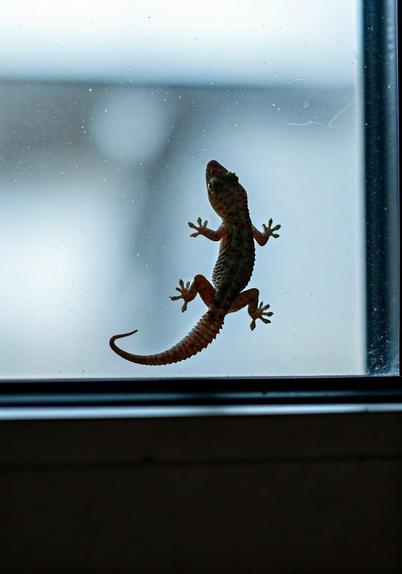 ②« Generated by nightcafestudio »
(Photographed indoors of a gecko crawling along a window glass) The gecko's figure can be faintly seen through the glass. The interesting thing about this photo is that you can even see her plump belly from indoors. Her soft silhouette and translucent skin are particularly fantastical.