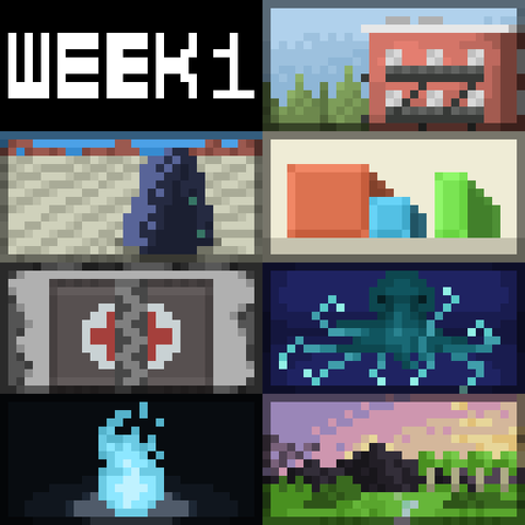 7 pixel art pieces following the themes: complex, simple, boulder, dovetail, willofthewisp, view, cephalopod.