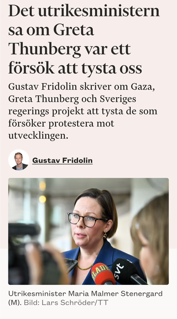 Screenshot from the article: https://arbetet.se/2025/06/10/det-utrikesministern-sa-om-greta-thunberg-var-annu-ett-forsok-att-tysta-oss/