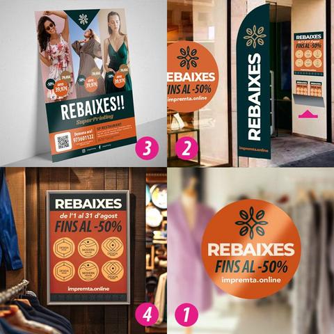 Diverses imatges amb material promocional per botigues i comerços per les Rebaixes. 1. Vinils, 2. Banderola exterior, 3. Flyers promocionals, 4. Cartells de Rebaixes, a SuperPrinting.cat