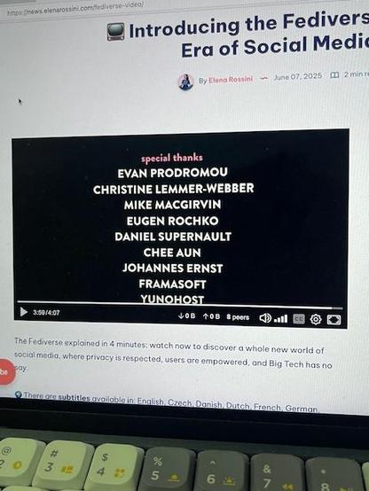 Screenshot of an article “Introducing the Fediverse: a New Era of Social Media" by Elena Rossini, dated June 07, 2025. The article includes a video with a "special thanks" section listing names and organizations such as Evan Prodromou, Christine Lemmer-Webber, Mike MacGirvin, Eugen Rochko, Daniel Supernault, Chee Aun, Johannes Ernst, Framasoft, and Yunohost.