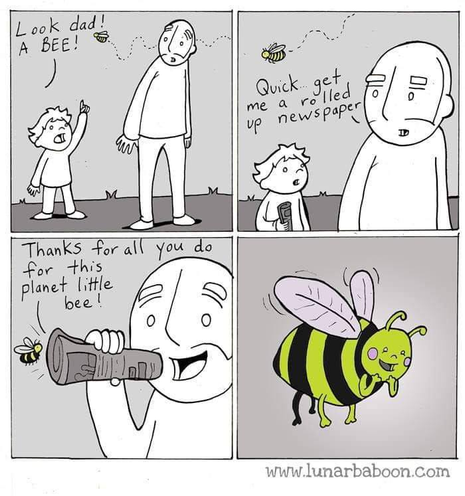 Boy to dad: Look dad! A BEE!
Dad: Quick, get me a rolled up newspaper.
Dad, speaking through the rolled up paper like a megaphone: Thanks for all you do for this planet little bee!
Bee smiling broadly in pleasure.
www.lunarbaboon.com