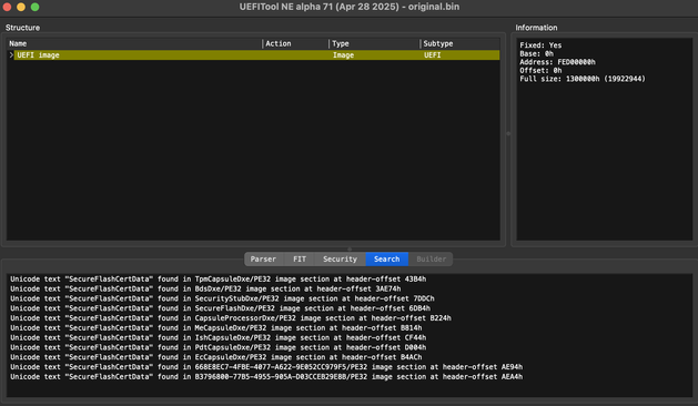 UEFITool NE window with a vulnerable FW showing occurrences of SecureFlashCertData unicode text on Search tab 