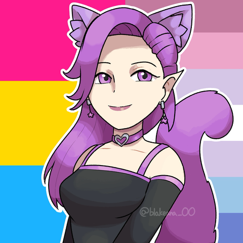 My Original Character Phia infront of Pan- and Bigender- Prideflags 
