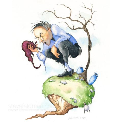 My watercolor painting titled “Arrogance Lecturing Truth” has a crouching man under a bare tree on a small plateau chiding a creature that he is holding up in a face to face encounter while a small turtle appears in danger of falling from the edge of the tiny landscape.