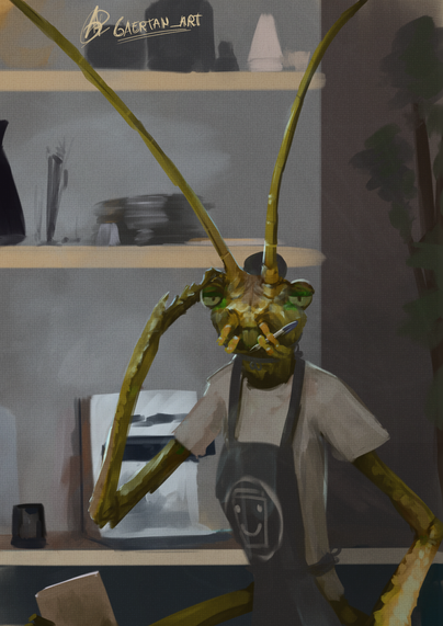 Digital illustration depicting an anthropomorphic stickbug behind a coffee shop counter,wearing a barista outfit(white tshirt, dark blue apron and hat, with a smiling coffee logo in the middle of the apron), that's scratching her head with a right arm, while holding a pen with her face stickbug protusions. She looks very tired and disappointed, while holding a notebook with her middle right arm.