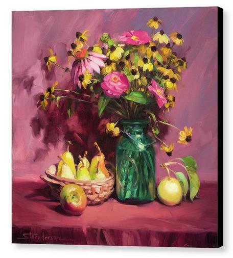 Art print of an original canvas painting depicting a bouquet of flowers, a basket of pears, and some apples.