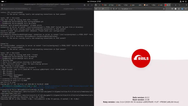 El framework de aplicaciones web Ruby on Rails funcionando en Fedora Silverblue y visualizado a través de Firefox para Linux en formato Flatpak.