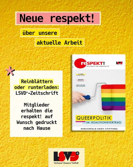 Foto der Respekt! Zeitschrift. Titel: Queerpolitik im Koalitionsvertrag