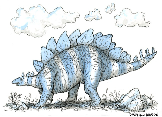 A blue striped stegosaurus looking pleased with herself