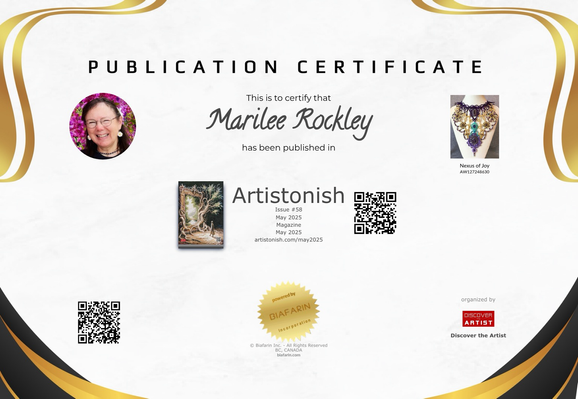 Publication certificate with QR codes linking to the magazine Artistonish May 2025 issue. A small photo of my necklace is shown upper right and a portrait of me is at upper left.