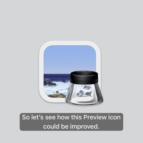 The current icon for Preview on macOS. The caption below it reads, “So let’s see how this Preview icon could be improved.”