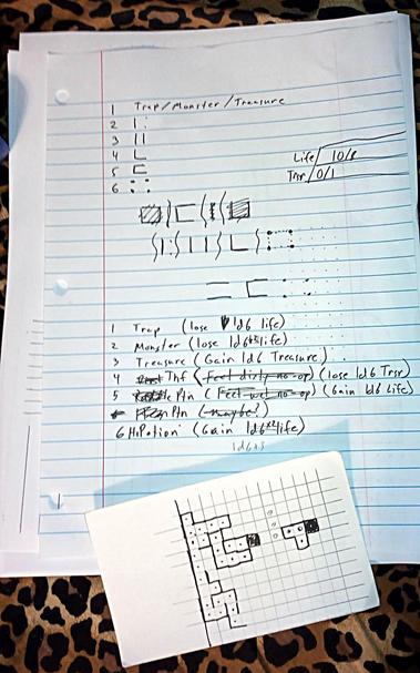 A sheet of paper and an index card with a grid on it. The sheet of lined paper is the prototype draft of "Six & Grid: A Dungeon Crawler For One", and the index card is a view of a complete play-through. Some stats from the play-through are on the lined paper next to the instructions.