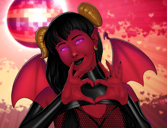 Ashmodai, a very cute demon, makes a love heart with her fingers. She has red skin, brass-coloured horns, little wings, and glowing purple eyes. Behind her, hanging from the ceiling, is a Pride Disco Ball.