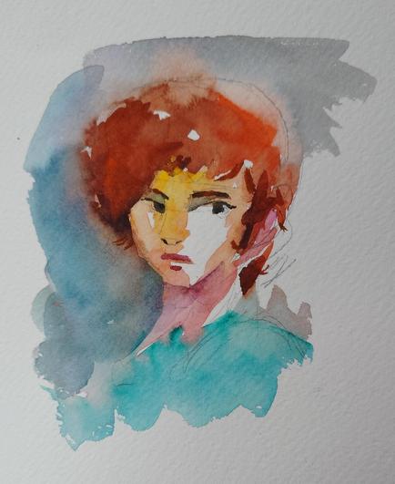A watercolor painting of a portrait of a redhead wearing a cyan colored shirt. The background is a blue-ish gray and the entire piece has a loose feel to it. 