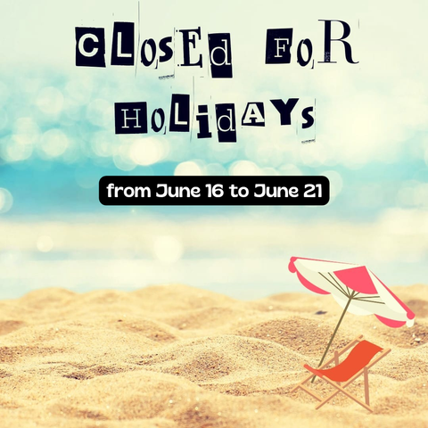 Bild am Strand mit dem Text "Closed for holidays from June 16 to June 21"