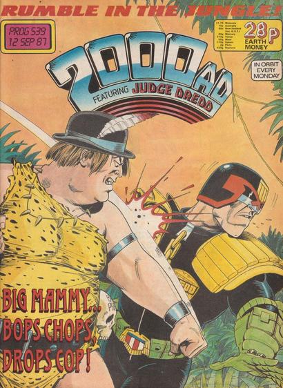 The front cover of 2000AD Prog 539 for 12 September 1987, featuring cover art by Liam McCormack-Sharp showing a scene from the Judge Dredd story Alabammy Blimps, with Big Mammy giving Joe Dredd a bunch of fives.
