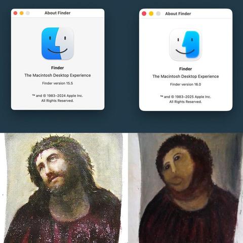 top-bottom comparison meme. Upper Left: Apple Finder logo v15.5. Upper right, Apple Finder logo v16.0. Lower left the original "Ecco Homo" fresco. Lower left: its botched cartoonish restoration from 2012