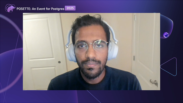 A person wearing white headphone sits in front of a closed door. The background features a purple gradient with geometric shapes and the text 'POSETTE: An Event for Postgres 2025' in the top left corner