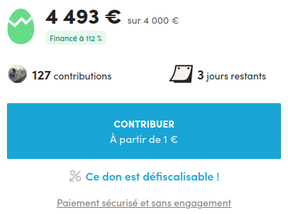 fenêtre de résultats  de la cagnotte Ulule à 112 %