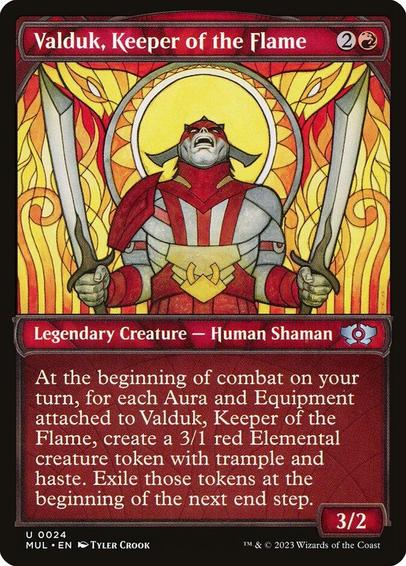 Card Name: Valduk, Keeper of the Flame
Set: Multiverse Legends
Description: At the beginning of combat on your turn, for each Aura and Equipment attached to Valduk, create a 3/1 red Elemental creature token with trample and haste. Exile those tokens at the beginning of the next end step.
Artist: Tyler Crook