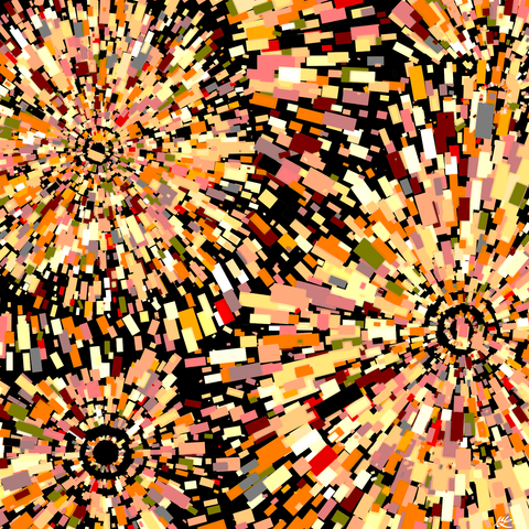 Coloured rectangles of various sizes and hues (oranges, reds, yellows) explode out from several foci on a black background. Where the explosions from two foci meet, the rectangles generally avoid overlap.