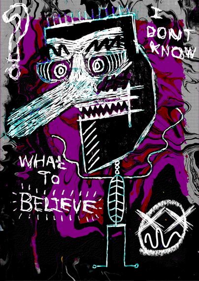 A monster with a big nose, sharp teeth and waggling arms in front of an abstract background