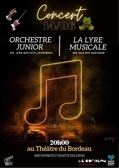 L'affiche du concert, avec une enseigne en tube fluorescent jaune-orange en forme de deux croches liées, qui flotte dans un nuage de fumée au-dessus d'une piste de danse carrelée où l'on aperçoit plusieurs instruments - batterie, tuba, cor d'harmonie, trompette, hautbois.

Le texte de l'image rappelle les informations importantes : le concert a lieu au théâtre du Bordeau à Saint-Genis-Pouilly, à 20:00, avec un entracte et une buvette ouverte à partir de 19:00. La direction de la Lyre est assurée par Philippe Berthoud, celle de l'orchestre junior par votre serviteur.

Les logos de la municipalité et du théâtre sont visibles dans le coin en bas à droite